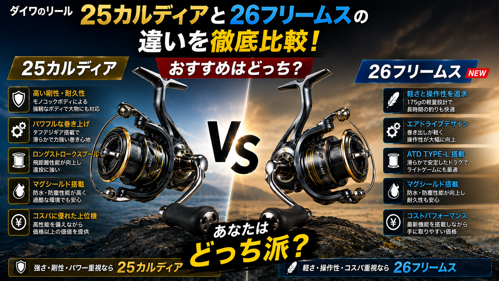 ダイワのリール25カルディアと26フリームスの違いを徹底比較！おすすめはどっち？