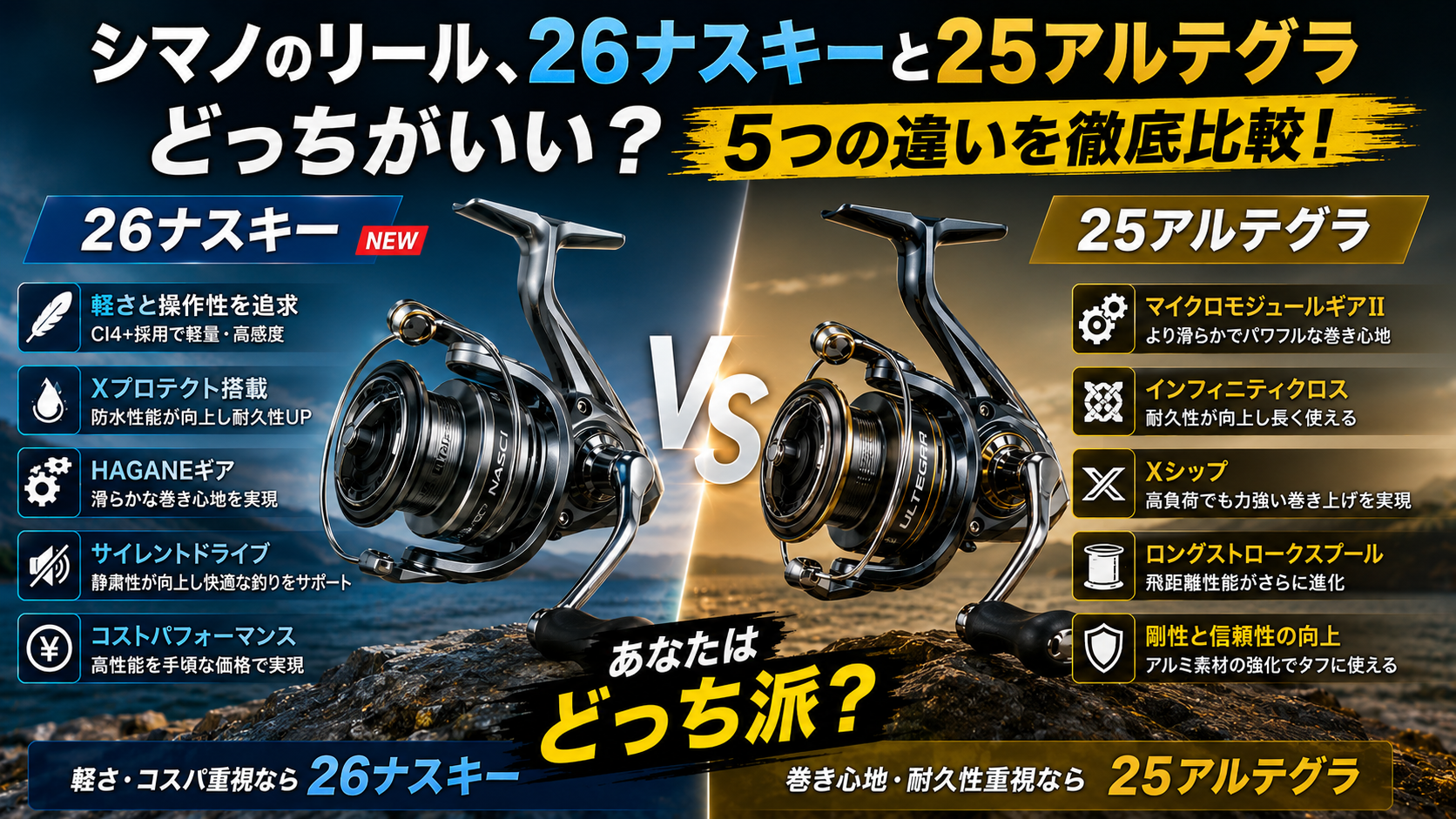 シマノのリール、26ナスキーと25アルテグラどっちがいい？5つの違いを徹底比較！