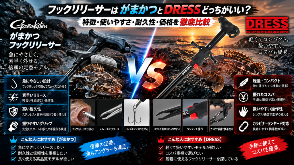 フックリリーサーはがまかつとDRESSどっちがいい？コスパ比較で失敗しない選び方