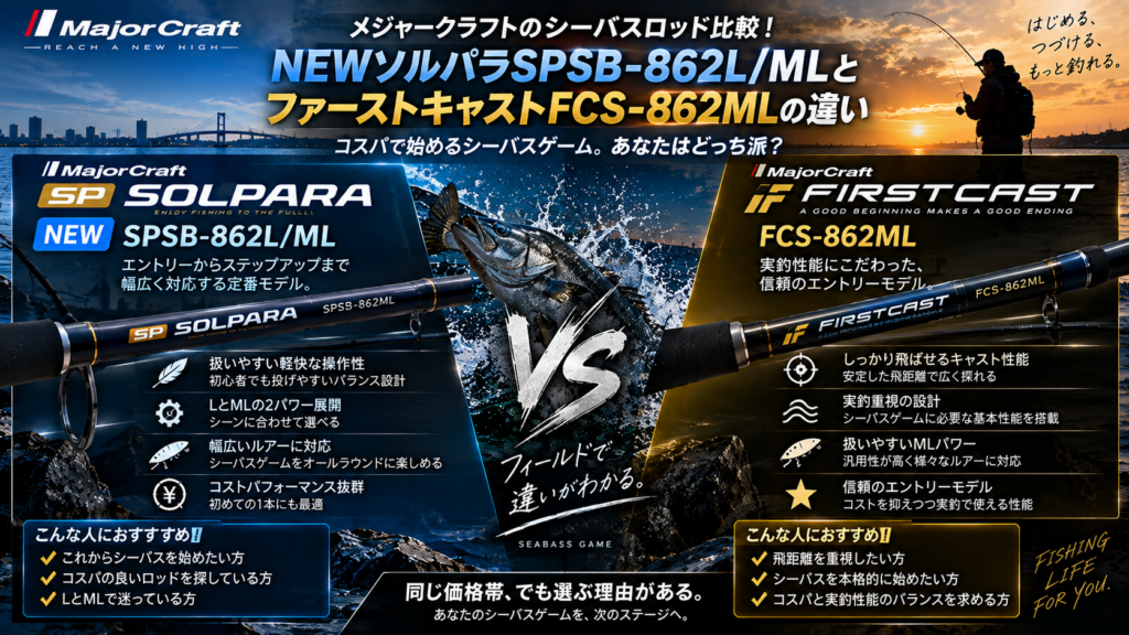 メジャークラフトのシーバスロッド比較！NEWソルパラSPSB-862L/MLとファーストキャストFCS-862MLの違い
