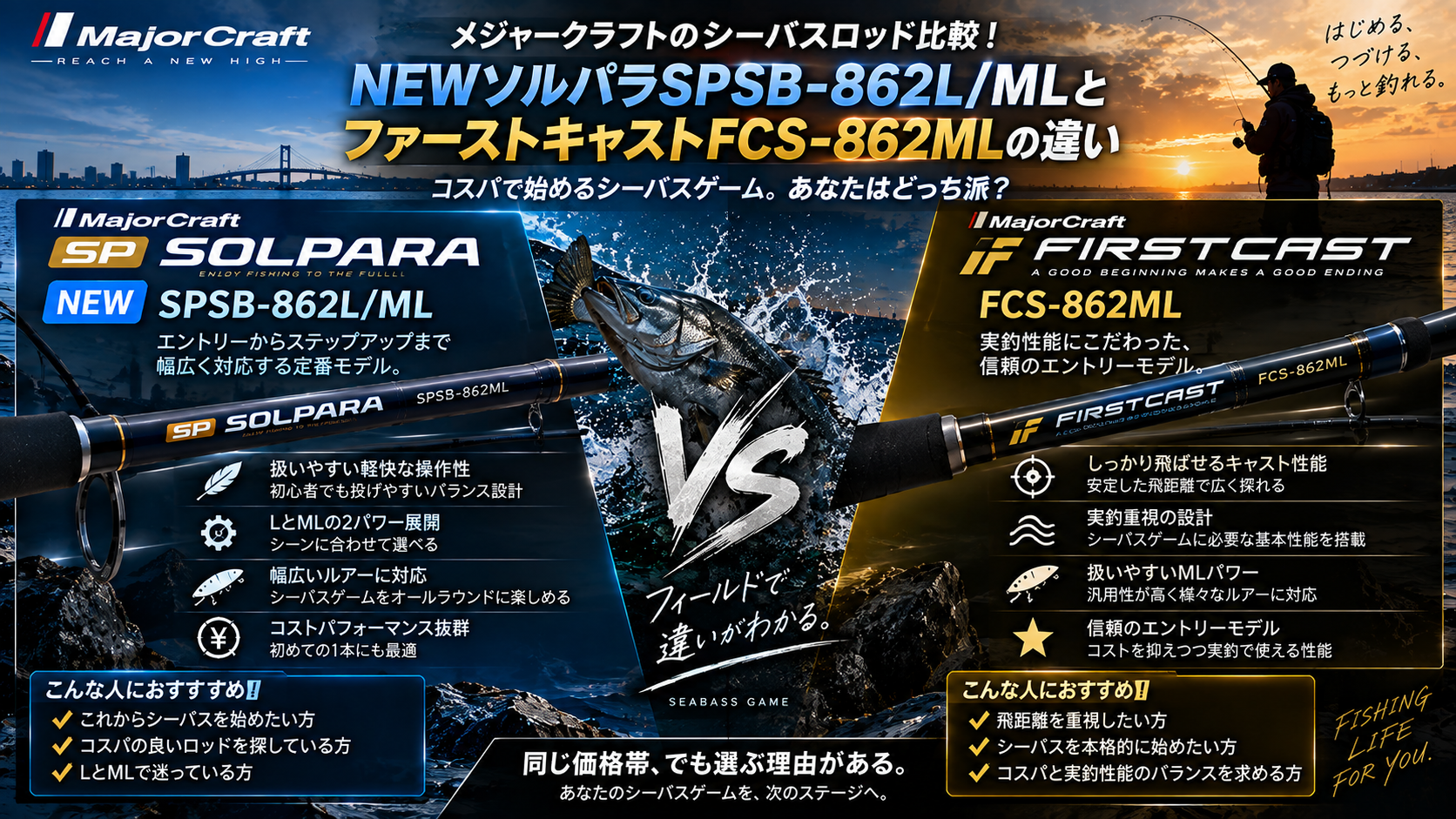 メジャークラフトのシーバスロッド比較！NEWソルパラSPSB-862L/MLとファーストキャストFCS-862MLの違い