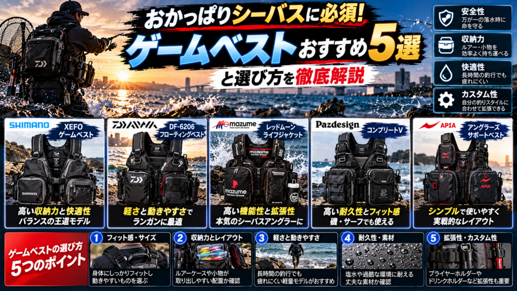 おかっぱりシーバスに必須！ゲームベスト（フローティングベスト）おすすめ5選と選び方