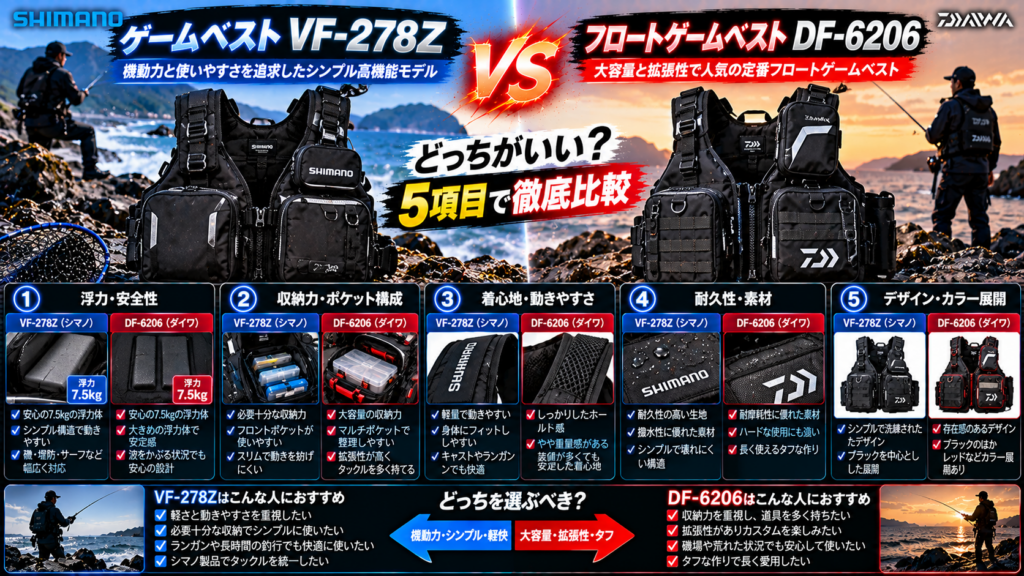 シマノ ゲームベスト VF-278Z vs ダイワ フロートゲームベスト DF-6206を5項目で比較