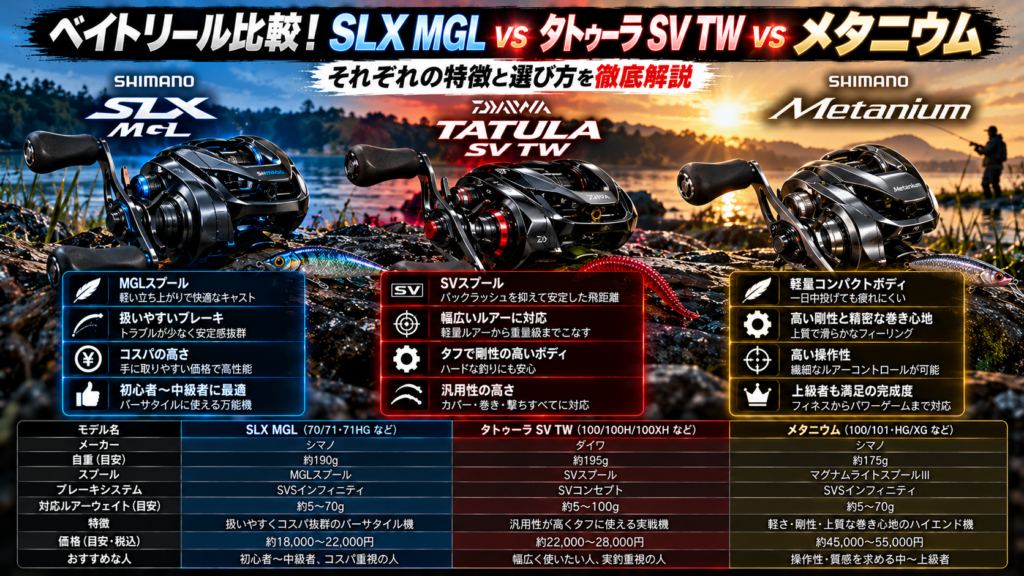ベイトリール比較！SLX MGL vs タトゥーラ SV TW vs メタニウム