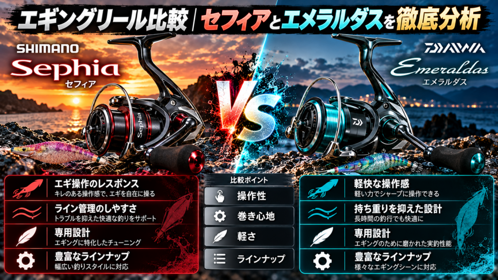 エギングリール比較｜セフィアとエメラルダスを徹底分析