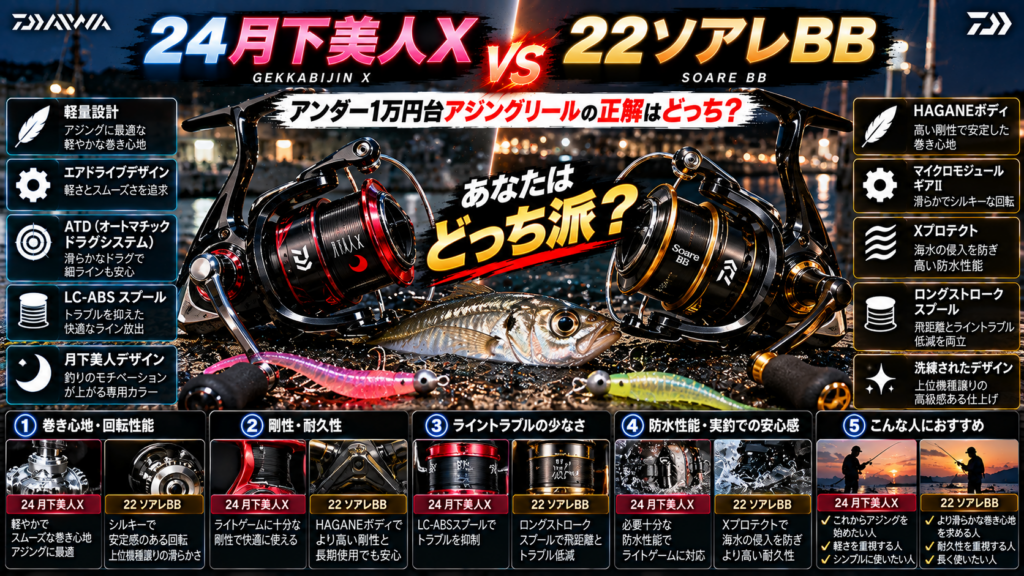 24月下美人Xと22ソアレBBの違いを比較！アンダー1万円台アジングリールの正解はどっち？