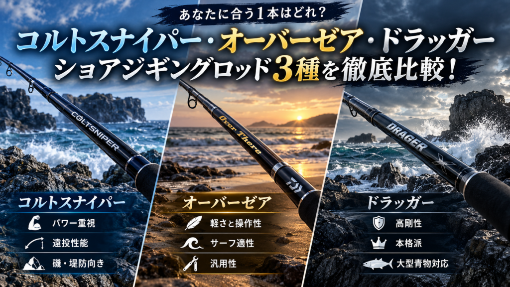 コルトスナイパー・オーバーゼア・ドラッガーのショアジギングロッド3種を徹底比較！