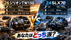 ダイワ 26ジリオンTW150とシマノ 24SLX70の比較。自重・スプール径・ギア比を左右3項目ずつ掲載したアイキャッチ