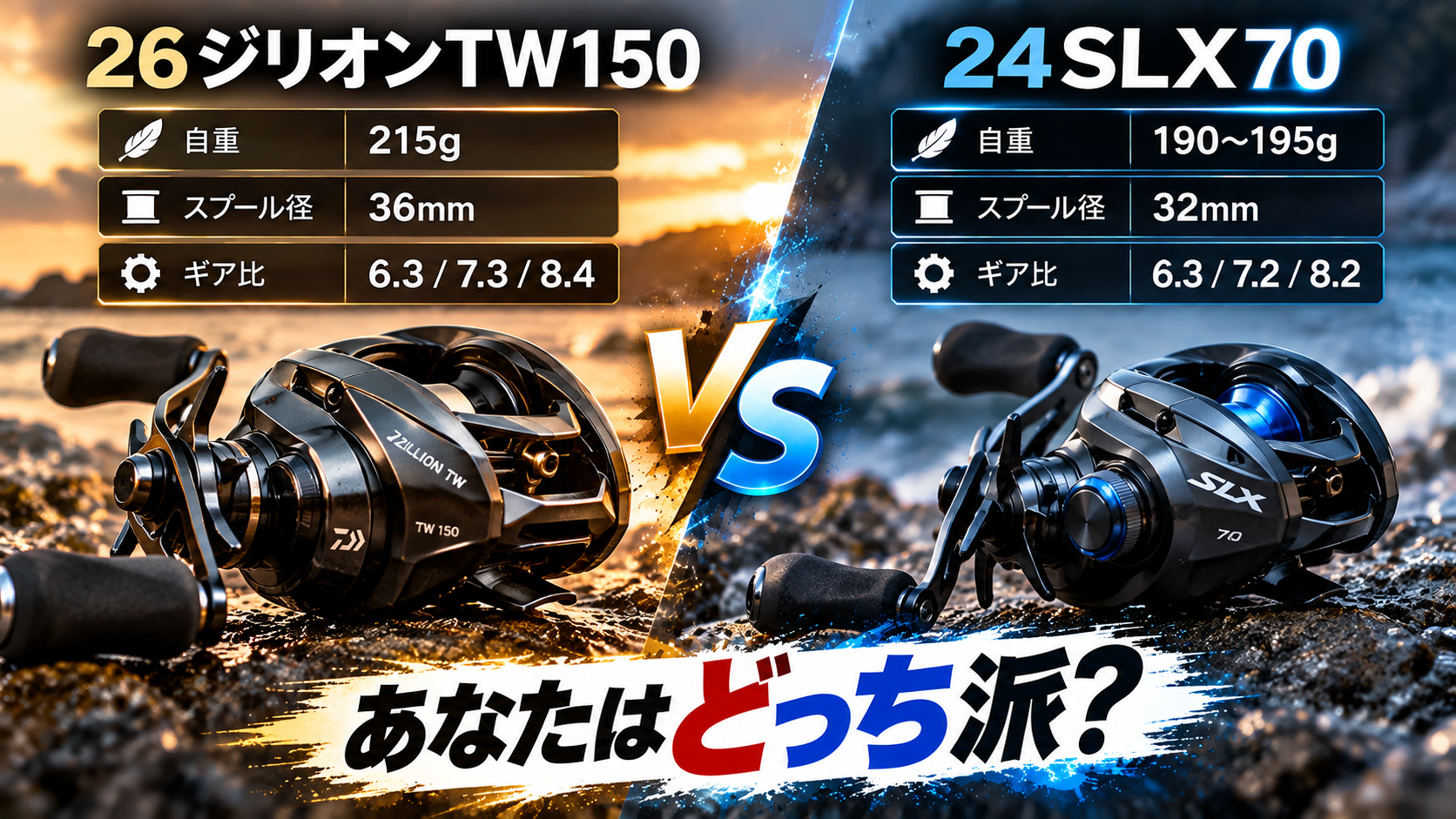 ダイワ 26ジリオンTW150とシマノ 24SLX70の比較。自重・スプール径・ギア比を左右3項目ずつ掲載したアイキャッチ