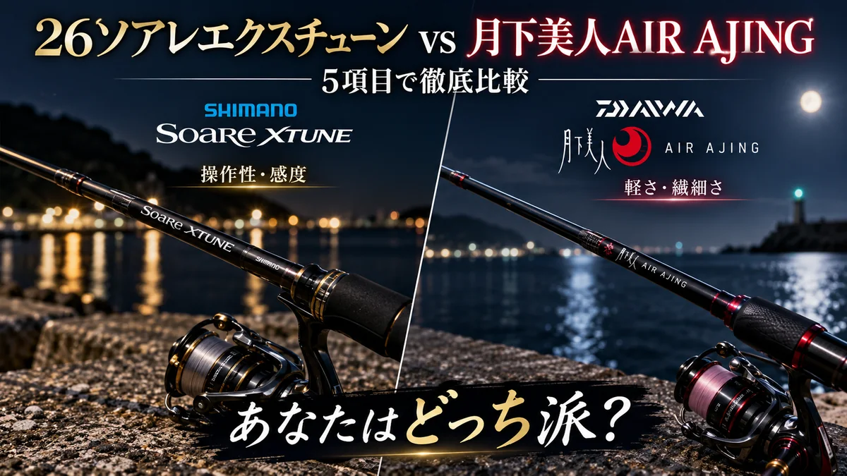 26ソアレエクスチューンと月下美人AIR AJINGの釣り竿を左右で比較したアイキャッチ画像