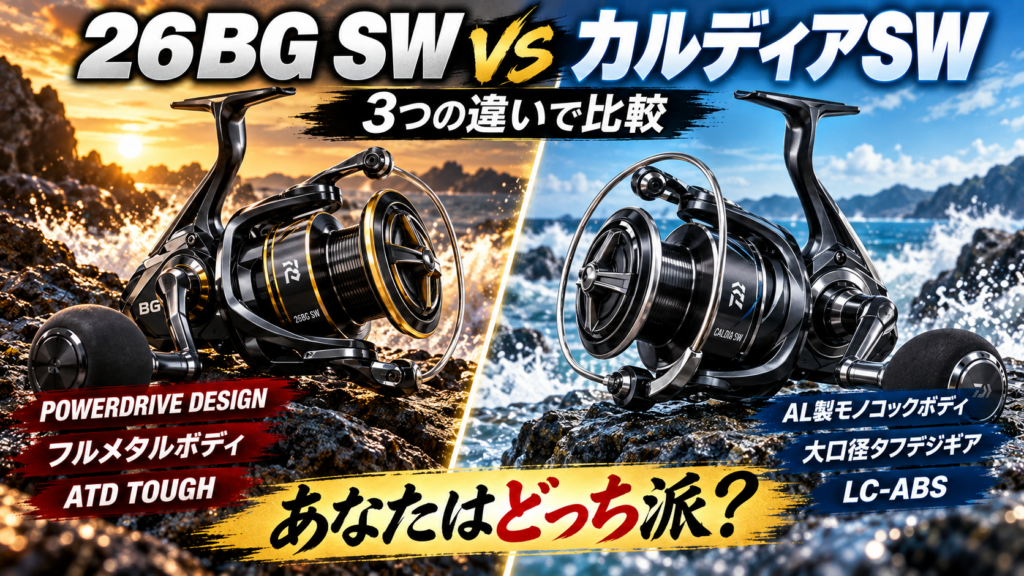 ダイワ 26BG SWとダイワ カルディアSWのスピニングリールを比較。各3項目の特長を掲載したアイキャッチ