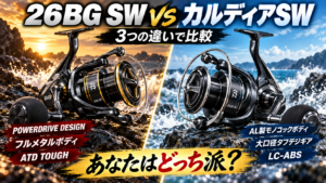 ダイワ 26BG SWとダイワ カルディアSWのスピニングリールを比較。各3項目の特長を掲載したアイキャッチ
