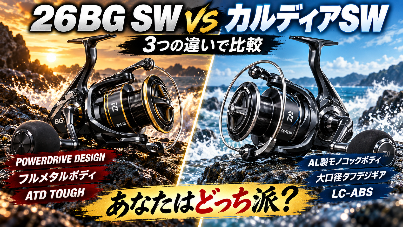 ダイワ 26BG SWとダイワ カルディアSWのスピニングリールを比較。各3項目の特長を掲載したアイキャッチ